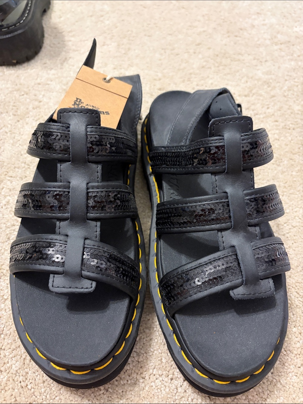 Dr. Martens Black Sequin Triple-Strap Kids Sandals